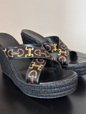 Gucci Platform Wedge Sandals with Gold Print